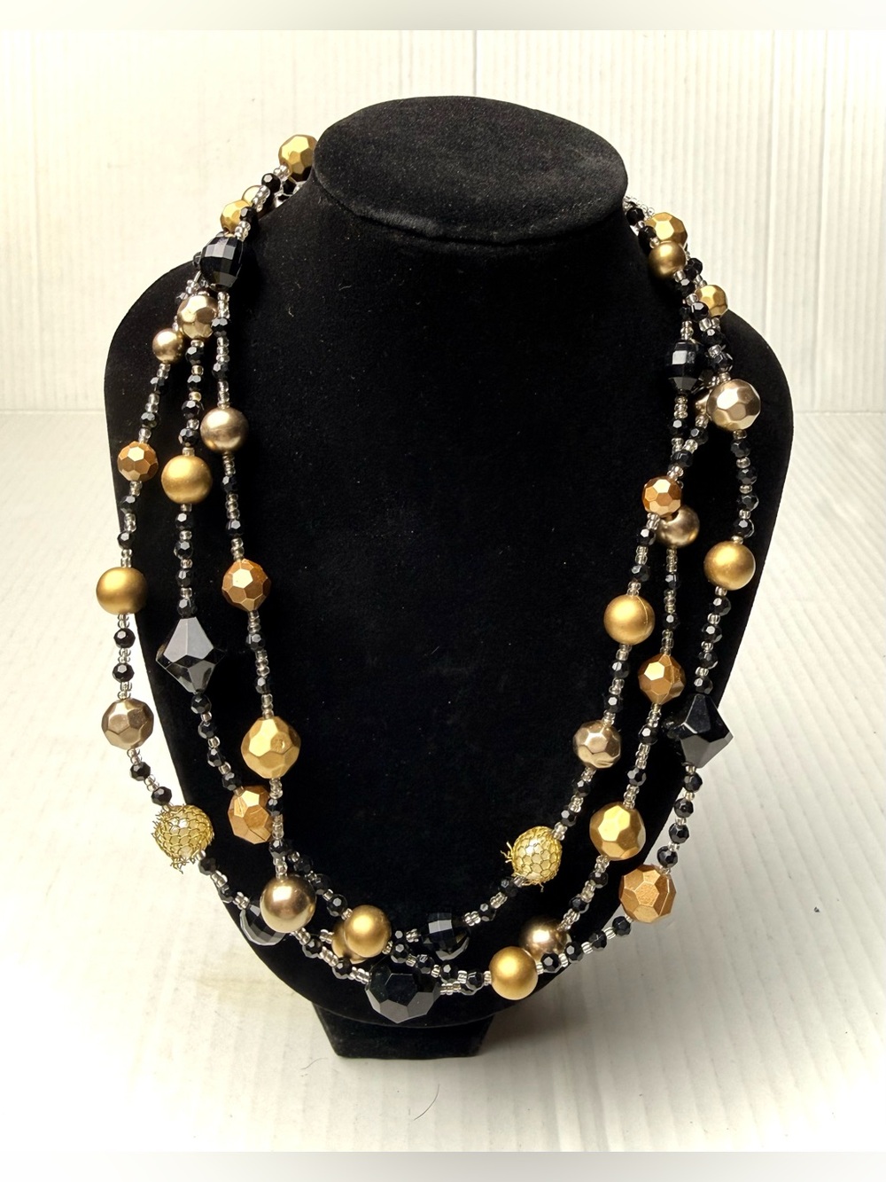 Vintage MCM Multi Strand Beaded Necklace Textured‎ Wire Mesh Golden Black Beads